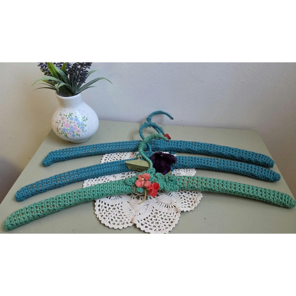 3 Vintage Crochet Covered Hangers Handmade Floral Boudoir Clothes Hangers